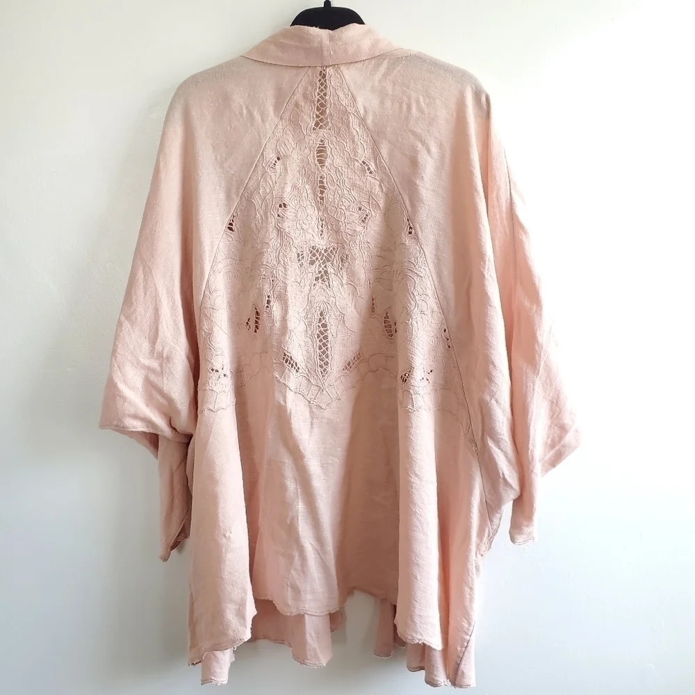 New Free People Cool Nights Crochet Conch Pink Cardigan Short Duster Kimono Sz S